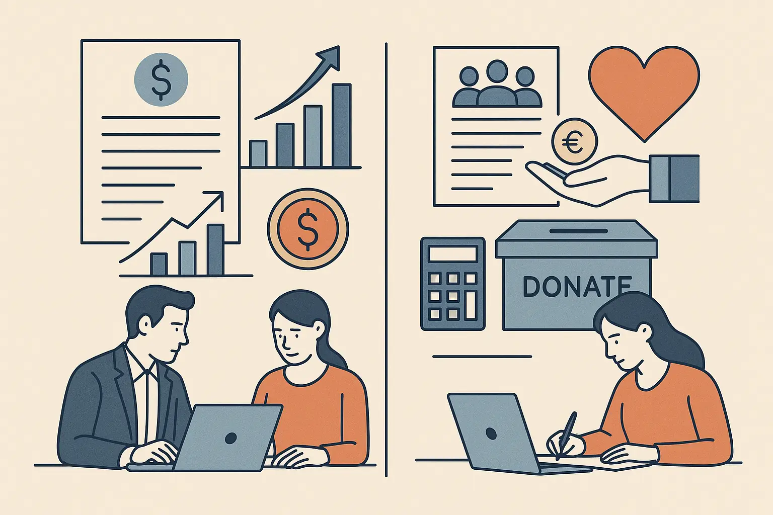 Ilustración que compara la contabilidad de una empresa, con gráficos de beneficios, y la de una entidad sin ánimo de lucro, con donaciones y enfoque social.
