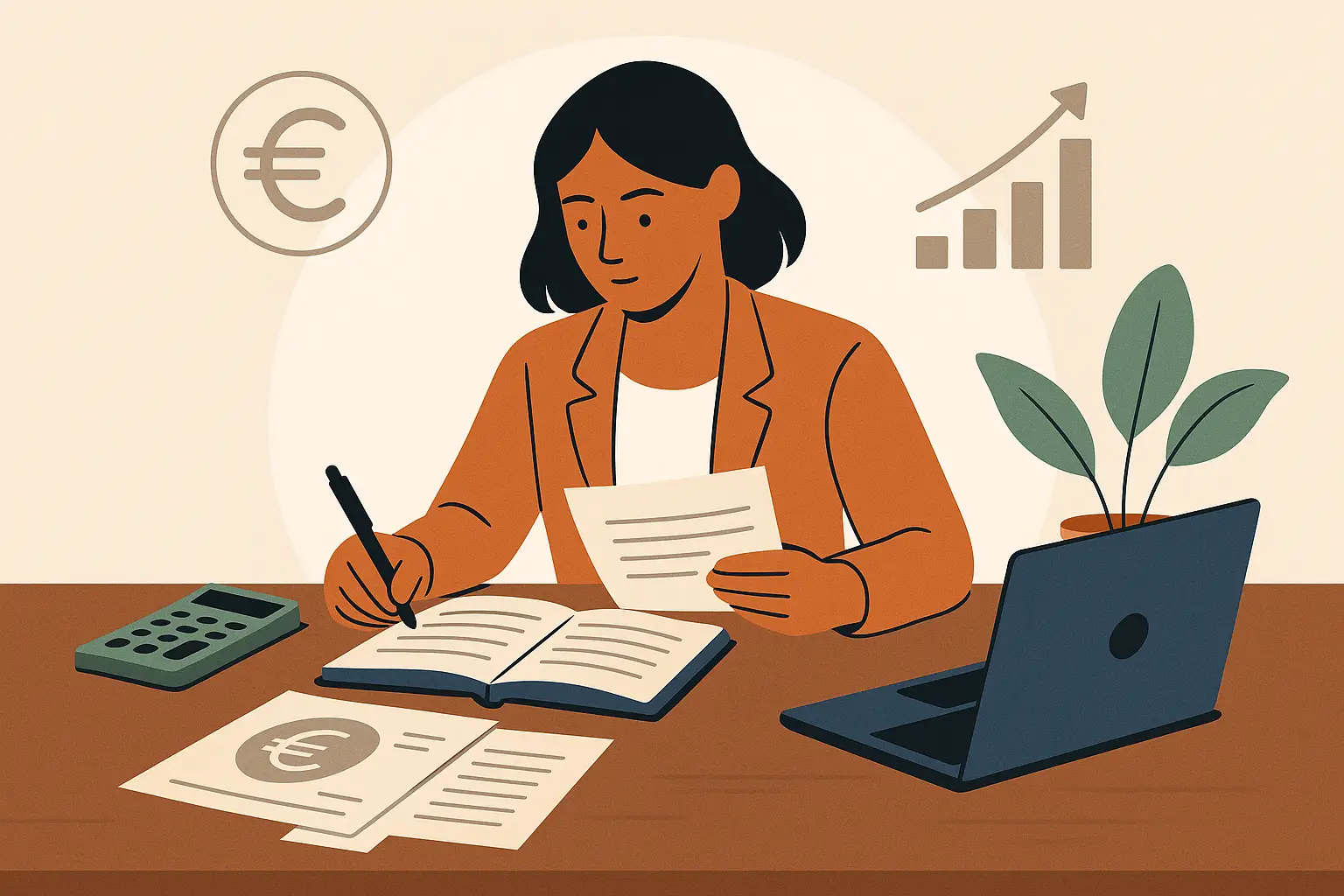 Ilustración de una gestora de ONG revisando documentos contables en un escritorio con ordenador, calculadora y gráficos financieros.