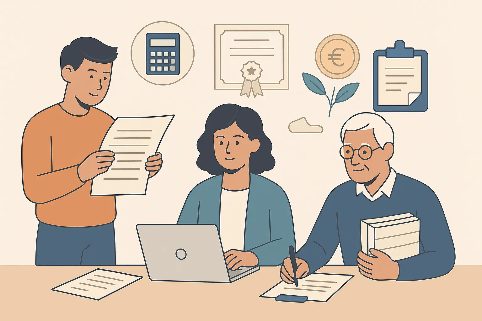 Miembros de una asociación pequeña revisando la contabilidad en equipo con ordenador y documentos sobre la mes