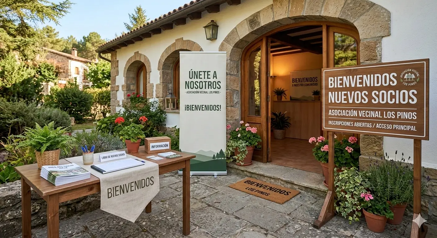 Entrada de una asociacion con carteles de bienvenida y mesa de registro para nuevos socios en un entorno natural