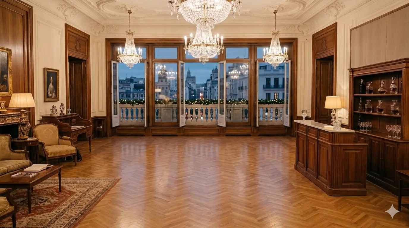 Vista de un salon señorial vacio para eventos de una asociacion con lamparas de cristal suelos de madera y muebles de estilo clasico